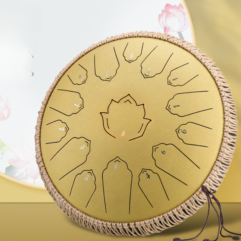 15-Tone 14-Inch C Key Gold Carbon Steel Tongue Drum With Lotus Pattern