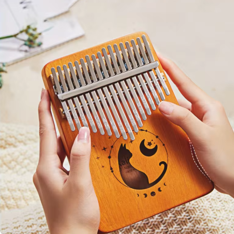 17 Key Kalimba with handles Mahogany Yellow Cat Moon and Star Engraving