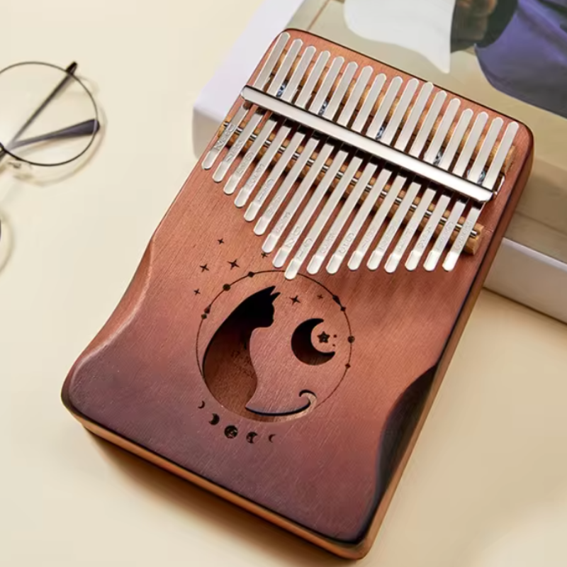 17 Key Kalimba with handles Mahogany Light Brown Cat Moon and Star Engraving