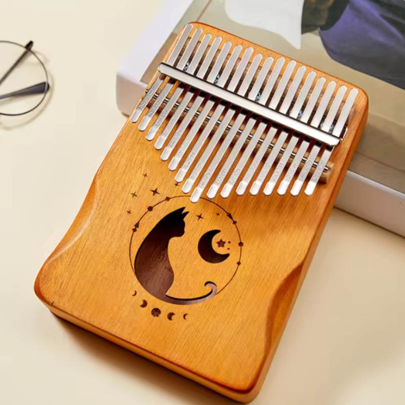 17 Key Kalimba with handles Mahogany Yellow Cat Moon and Star Engraving