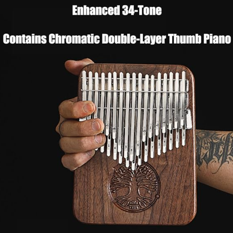 34 B Keys Kalimba Dark Brown Walnut Wood Straight with Tree of Life Engraving