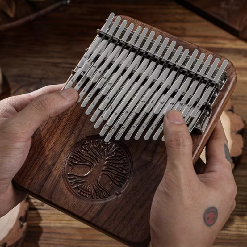 34 B Keys Kalimba Dark Brown Walnut Wood Straight with Tree of Life Engraving