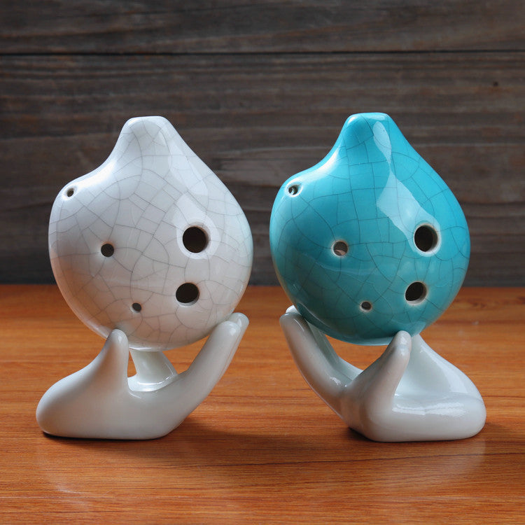 6 Hole Blue and White Crack Ocarina Ceramic Round Shape