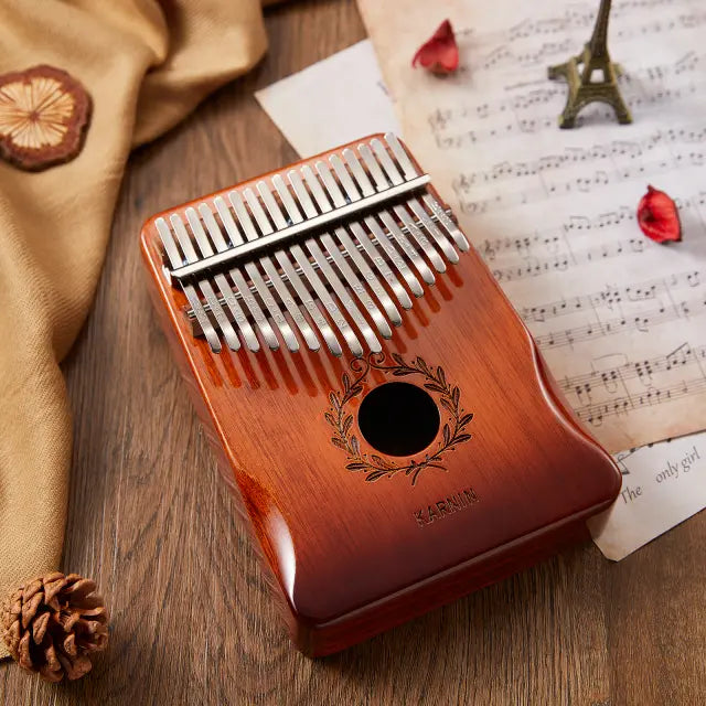 17 Keys Kalimba Brown Olive Wood with Handles Olive Branch Engraving