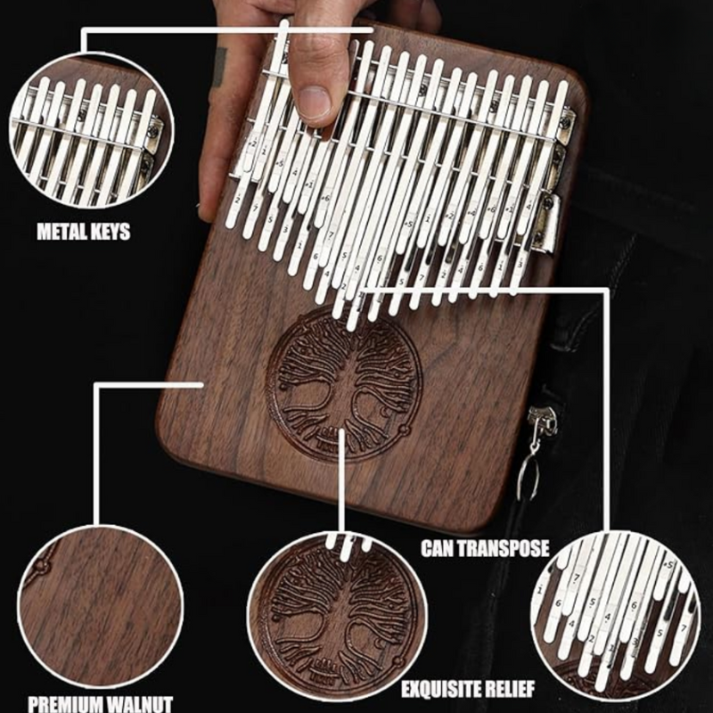 34 B Keys Kalimba Dark Brown Walnut Wood Straight with Tree of Life Engraving