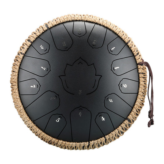 15-Tone 13-Inch C Key Black Carbon Steel Tongue Drum With Lotus Pattern