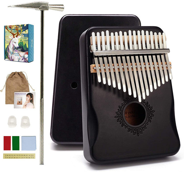 17 Keys Kalimba Black Mahogany with Handles Classical Engraving