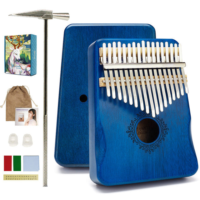 17 Keys Kalimba Blue Mahogany with Handles Classical Engraving