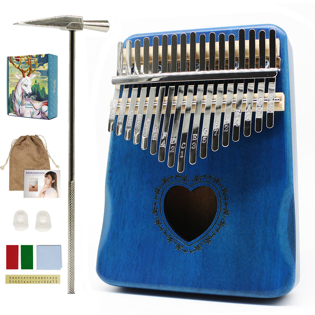 17 Keys Kalimba Heart Hollow Blue Mahogany with Handles