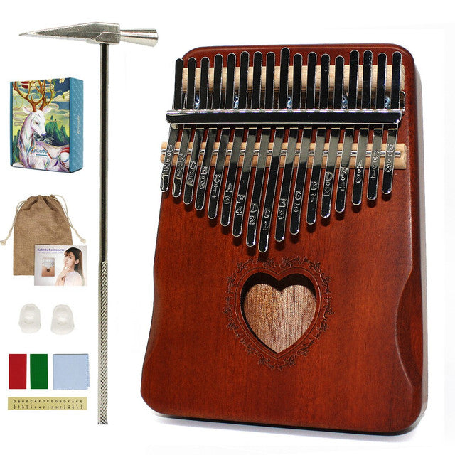 17 Keys Kalimba Heart Hollow Brown Mahogany with Handles