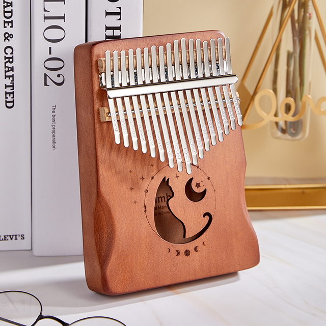 17 Key Kalimba with handles Mahogany Light Brown Cat Moon and Star Engraving