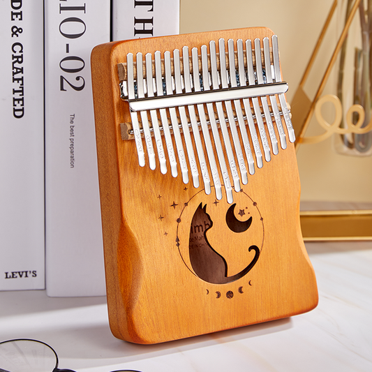 17 Key Kalimba with handles Mahogany Yellow Cat Moon and Star Engraving