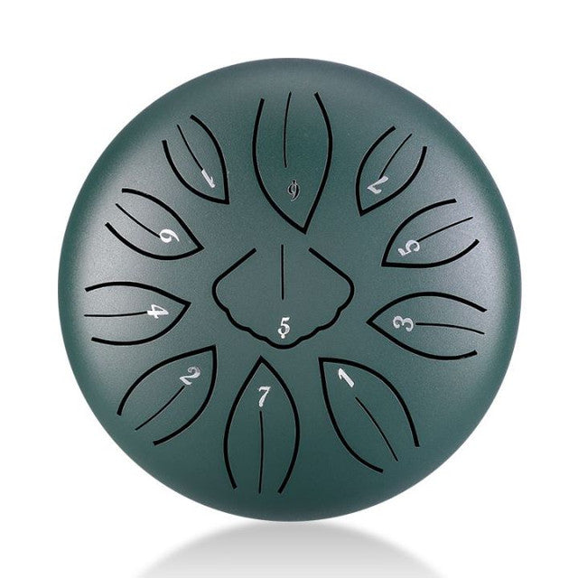 11-Tone 6-Inch C Key Green Carbon Steel Tongue Drum With Leaf Pattern