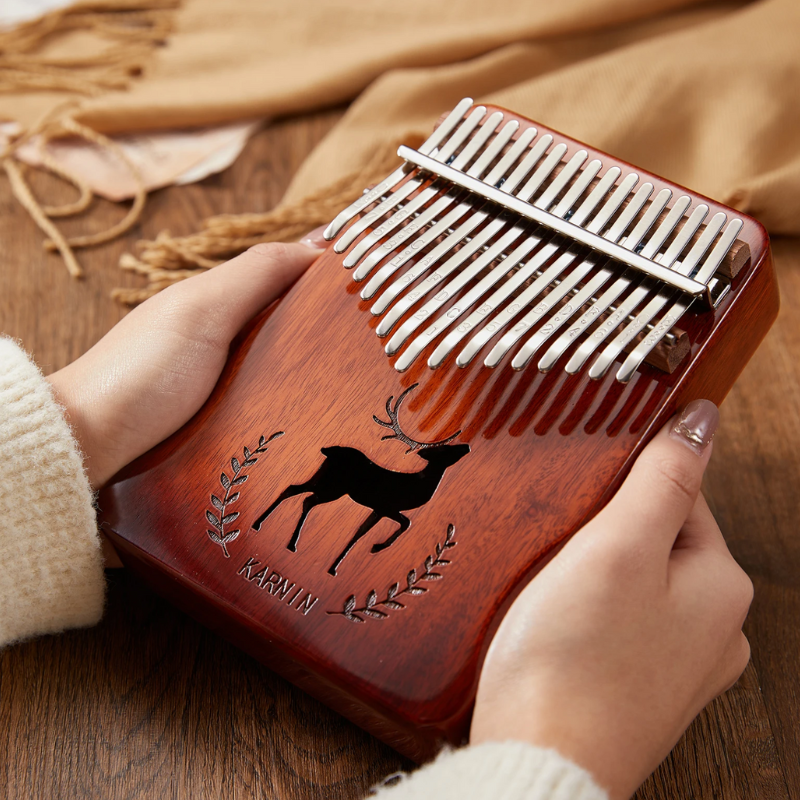 17 Keys Kalimba Brown Mahogany with Handles Stag Engraving