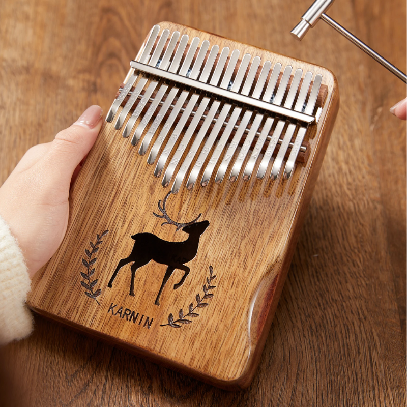 17 Keys Kalimba Khaki Mahogany with Handles Stag Engraving