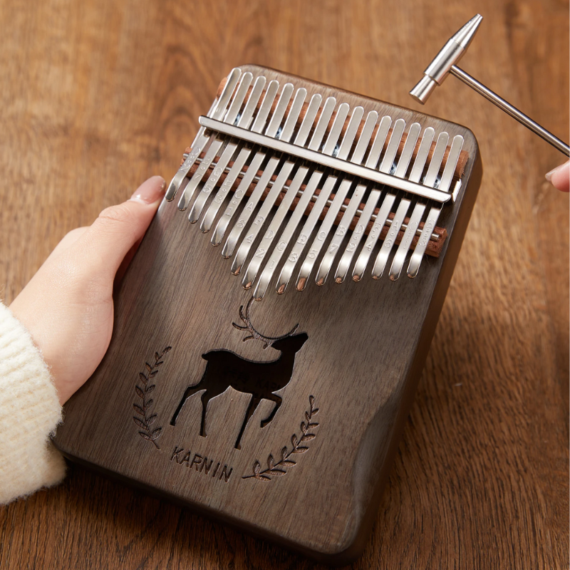 17 Keys Kalimba Dark Grey Mahogany with Handles Stag Engraving