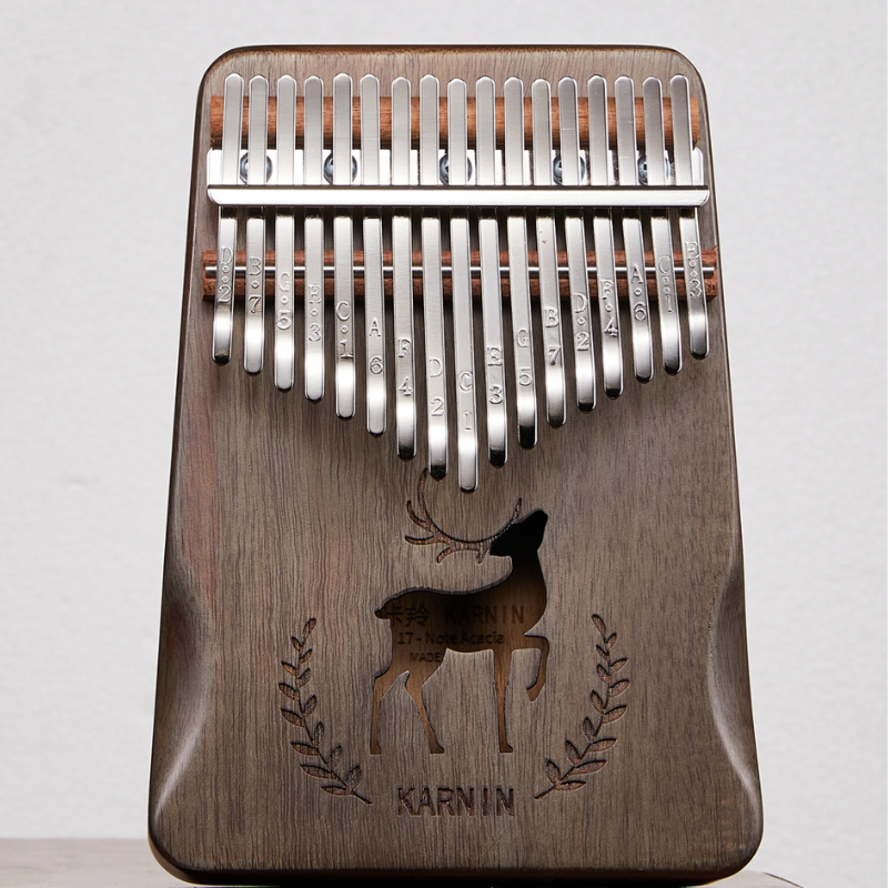 17 Keys Kalimba Dark Grey Mahogany with Handles Stag Engraving