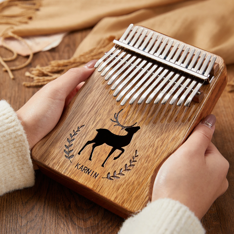 17 Keys Kalimba Khaki Mahogany with Handles Stag Engraving