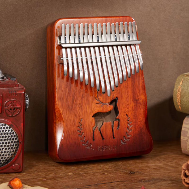 17 Keys Kalimba Brown Mahogany with Handles Stag Engraving