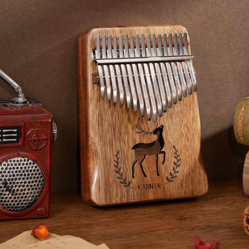 17 Keys Kalimba Khaki Mahogany with Handles Stag Engraving