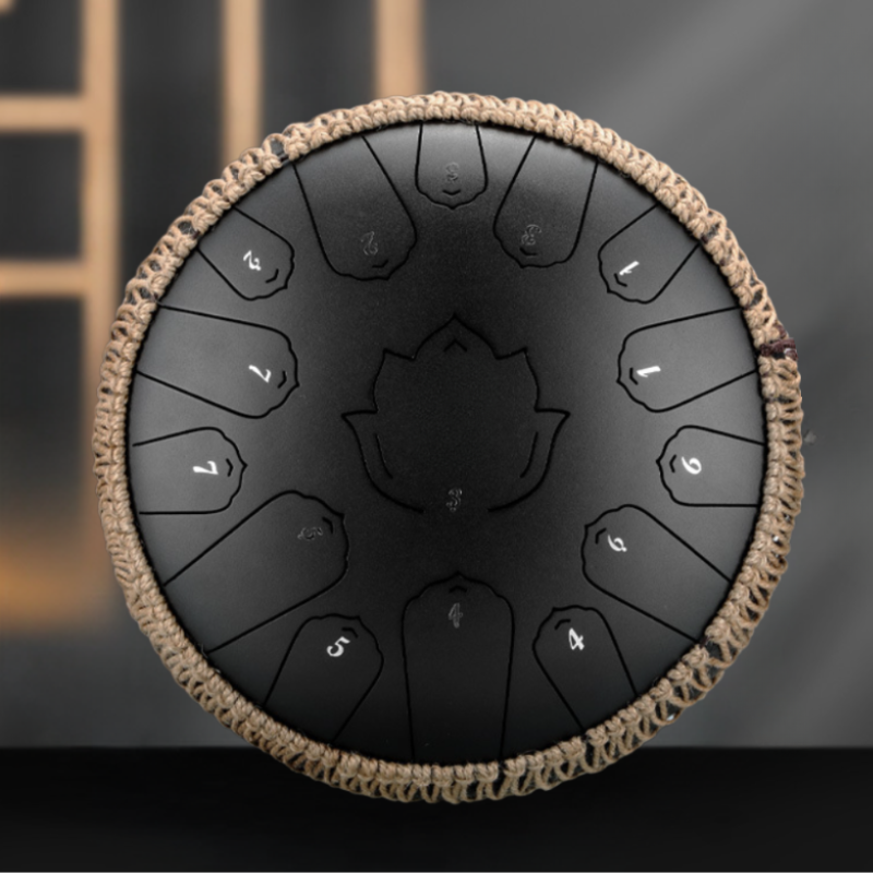 15-Tone 13-Inch C Key Black Carbon Steel Tongue Drum With Lotus Pattern