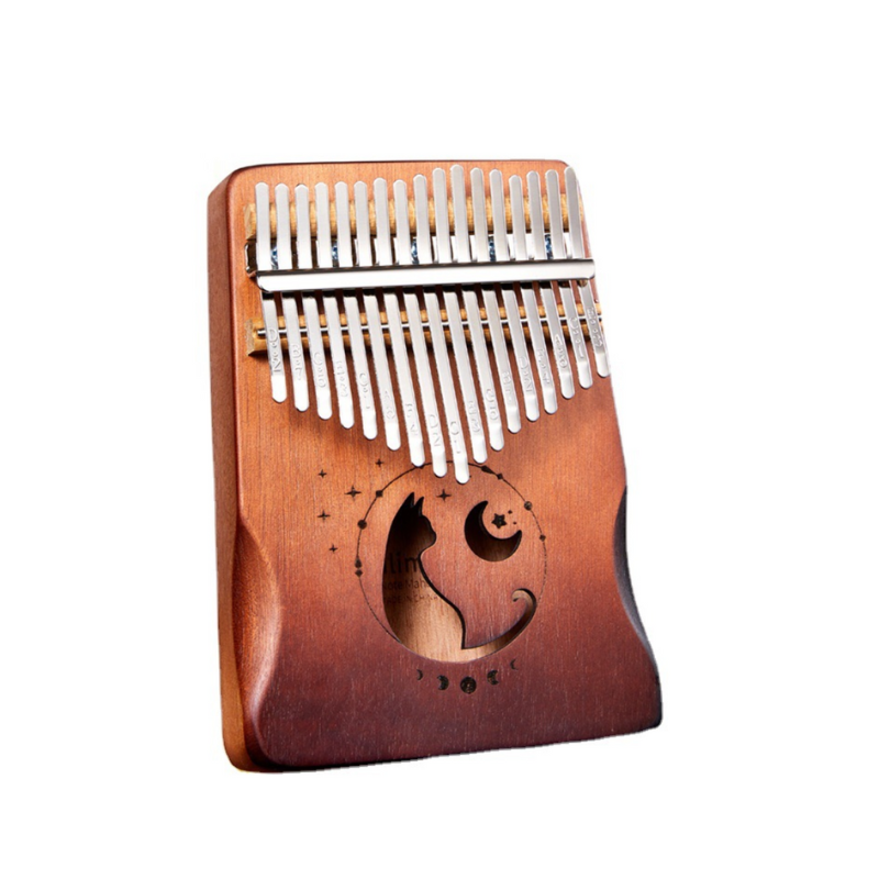 17 Key Kalimba with handles Mahogany Light Brown Cat Moon and Star Engraving