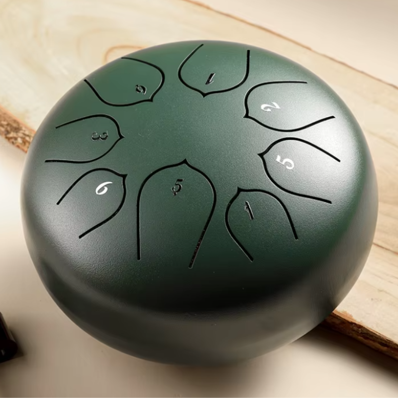 8-Tone 6-Inch C Key Green Carbon Steel Tongue Drum With Lotus Petal Pattern