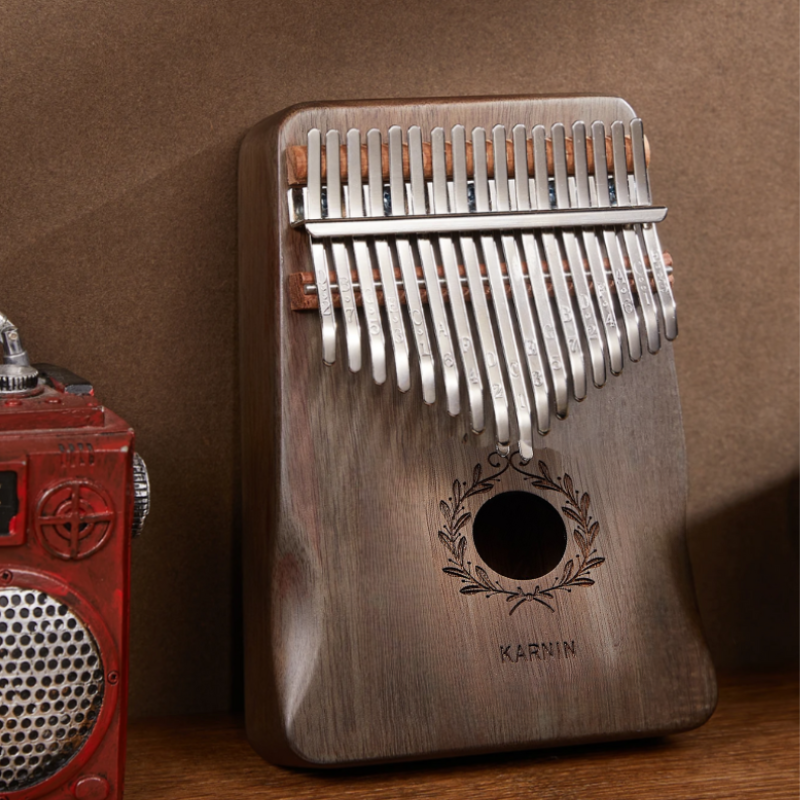 17 Keys Kalimba Dark Grey Olive Wood with Handles Olive Branch Engraving