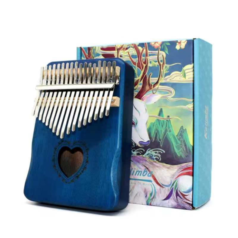 17 Keys Kalimba Heart Hollow Blue Mahogany with Handles