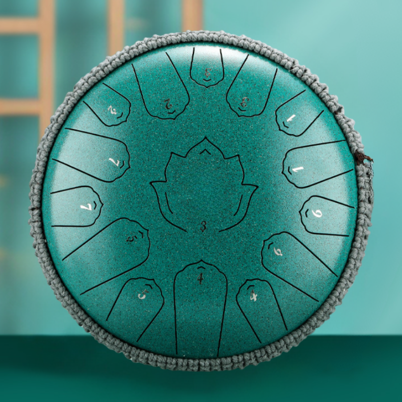 15-Tone 13-Inch C Key Green Carbon Steel Tongue Drum With Lotus Pattern