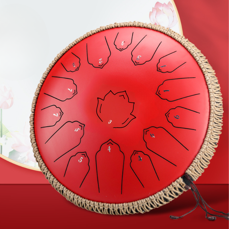 15-Tone 14-Inch C Key Red Carbon Steel Tongue Drum With Lotus Pattern