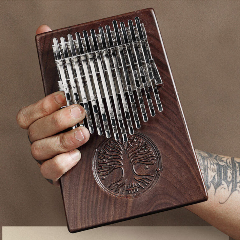 24 Keys Kalimba Dark Brown Walnut Wood Straight with Tree of Life Engraving