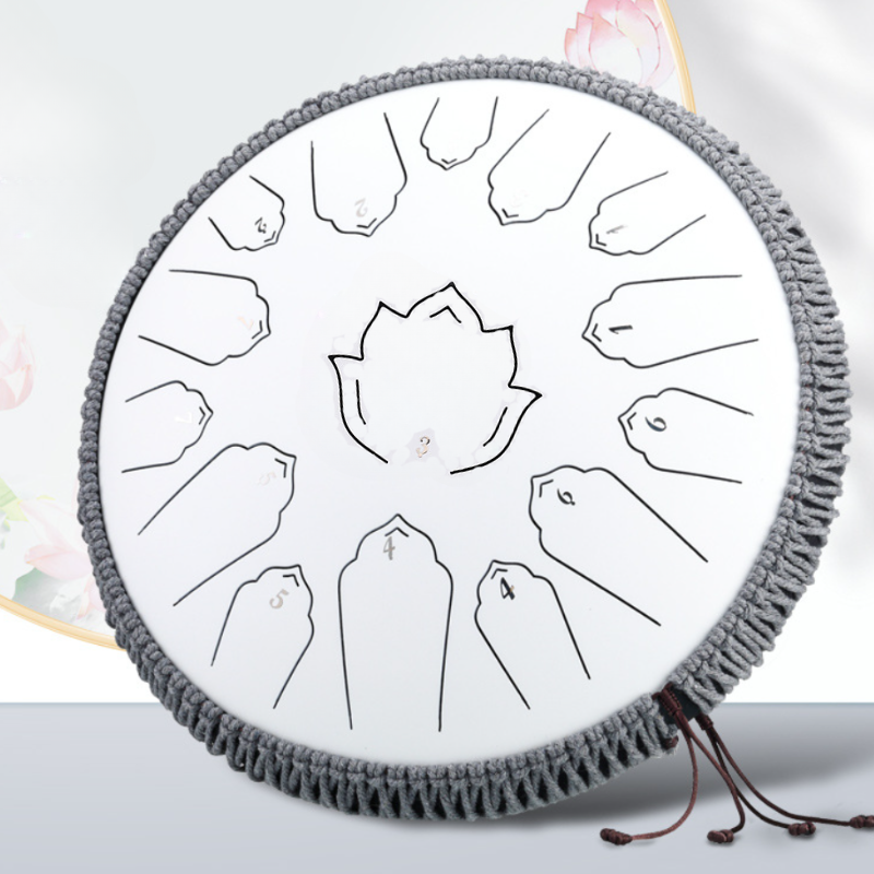 15-Tone 14-Inch C Key White Carbon Steel Tongue Drum With Lotus Pattern